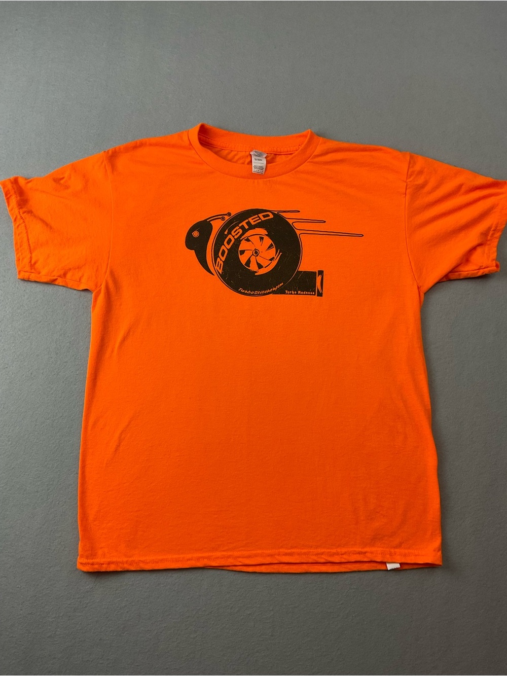 Anvil Orange Short Sleeve Tee with Black 'Boosted' Graphic